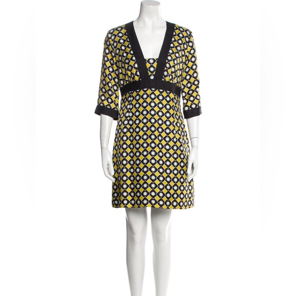 Vintage MILLY of New York Yellow/Green & Black Geometric Silk Mini Dress Size 2 - Picture 6 of 6